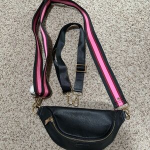 Black Leather Crossbody Bag with Pink Strap